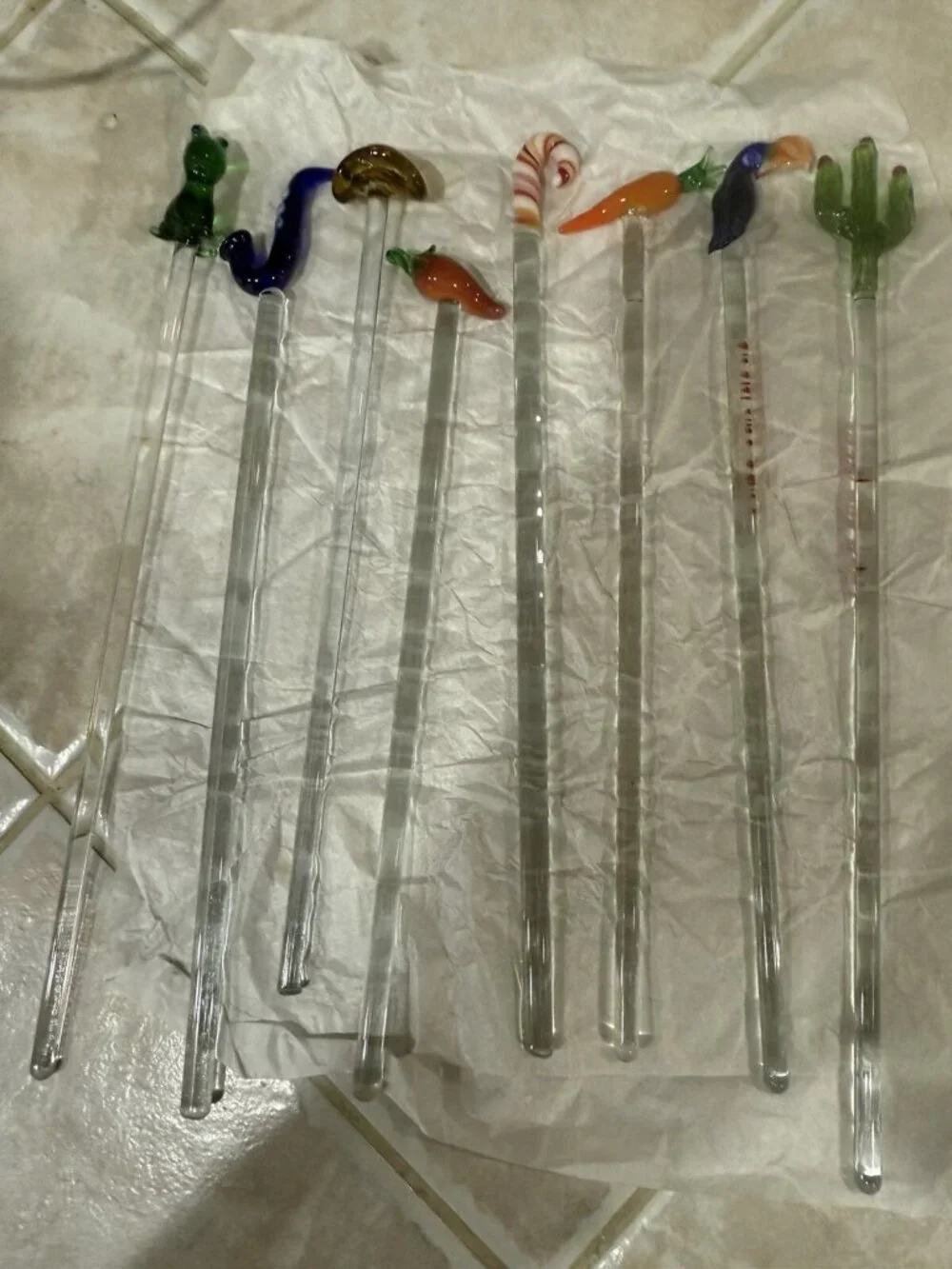 Set of 8 Vintage GLASS Cocktail Stir Sticks Barware SWIZZLE STICKS-frog Parrot..